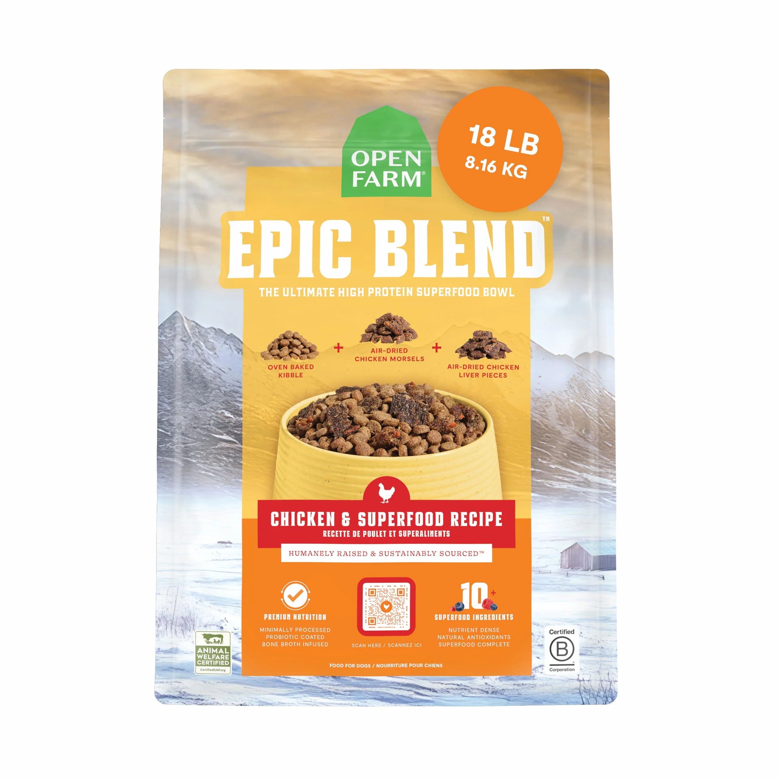 Carefully Designed Open Farm Epic Blend High Protein Dry Dog Food — Probiotic Coated Bone Broth Infused Kibble 18 lb Exclusive