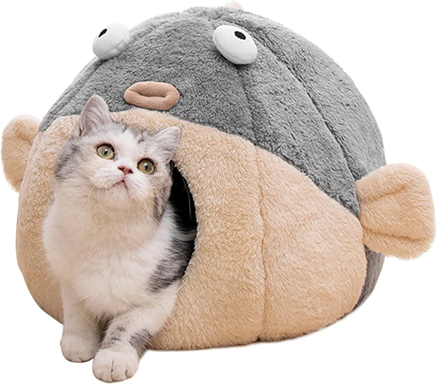 Elegant Cat Beds for Indoor Cats – Cat Bed Cave with Removable Washable Cushioned Pillow 2 in 1 Super Soft Animal-Shape Cat Tent for Kitten and Small cat Lively Pufferfish cat beds Furniture Grey M Professional
