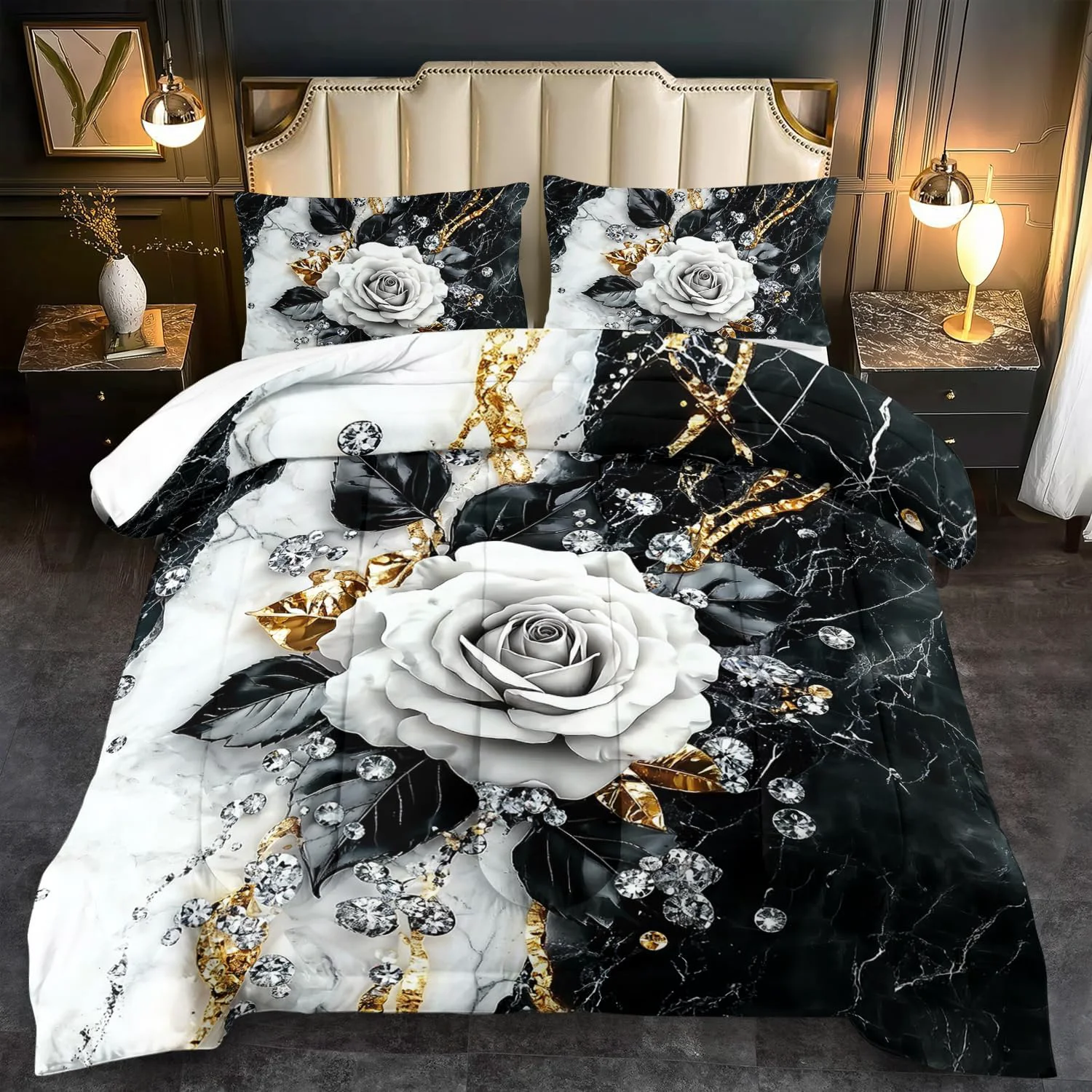 Genuine Marble Floral Comforter Set for King Bed Women Vintage Flower Bedding Set King White and Black Comforter Rose Quilt for Girls Rose Bedding Floral Bedroom Decor Adults Original Design