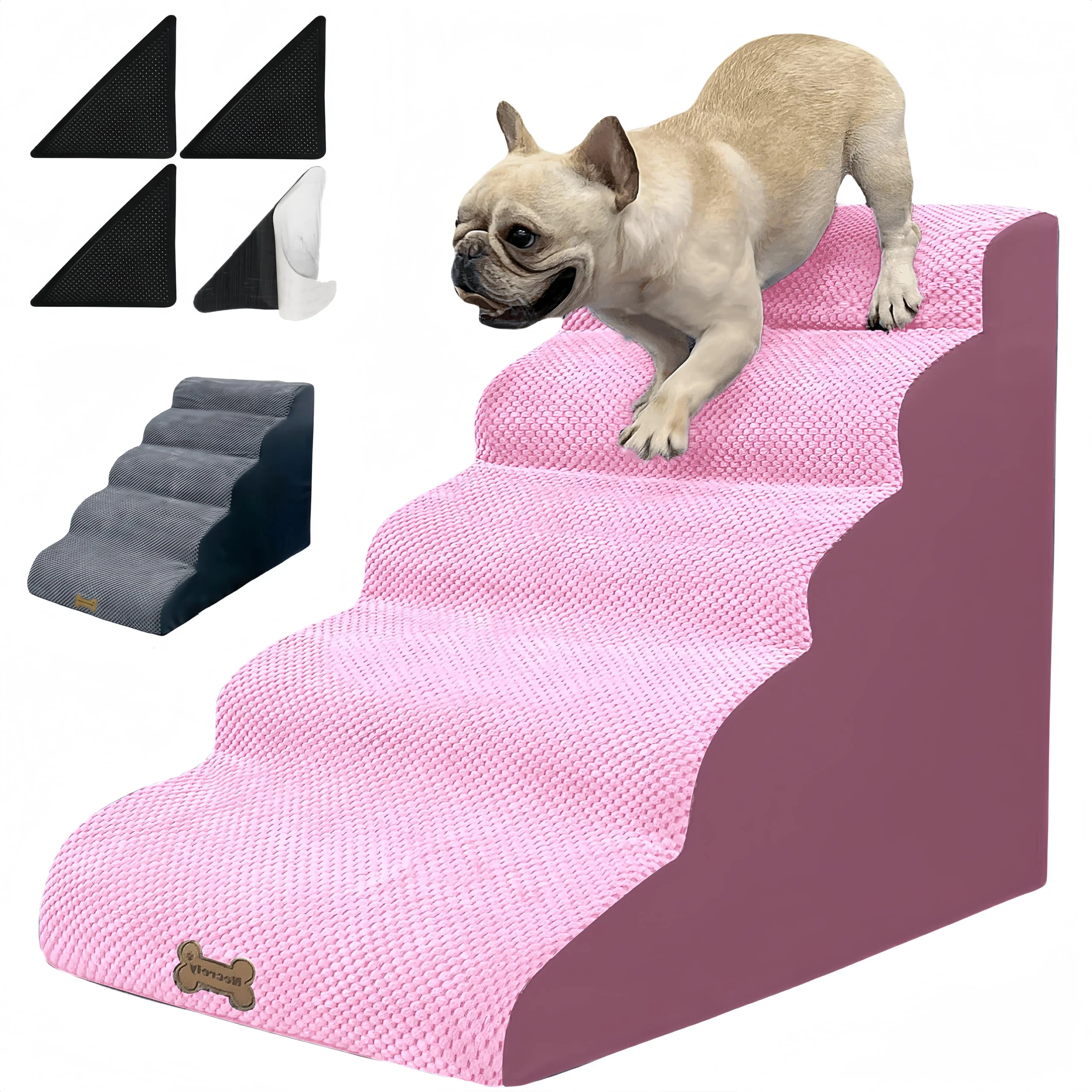 Green Necrely Dog Stairs Pet Ramp – 5-Step 24-Inch High Non-Slip with 2 Washable Covers Pink Gray Recyclable