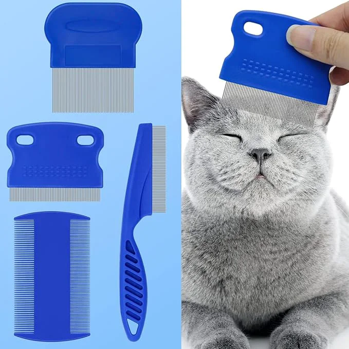 Fine Crafted 4-in-1 Pet Comb Set Flea Lice Comb for Cats Dogs 4 Styles All Hair Types BlueOverview Certified