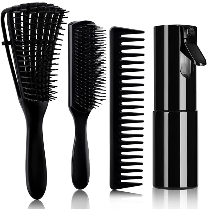 Detailed 4pcs Curly Hair Brush Set for Adult Kids Wet or Dry Detangling Brush for 3 4ABC Hair with Detangler Spray Bottle Wide Tooth Comb 3 1 Black Secure