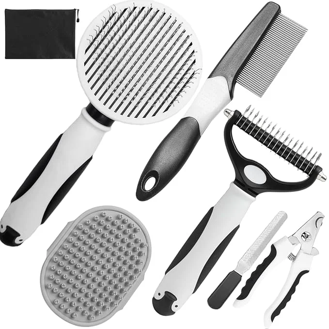 Next-Generation Dog Brush for Shedding 7 PCS Dog Grooming Brush Kit Undercoat Rake Slicker Brush Deshedding Comb Bath Brush Nail Clipper for Long Short Haired Dogs Cats Black Stylish