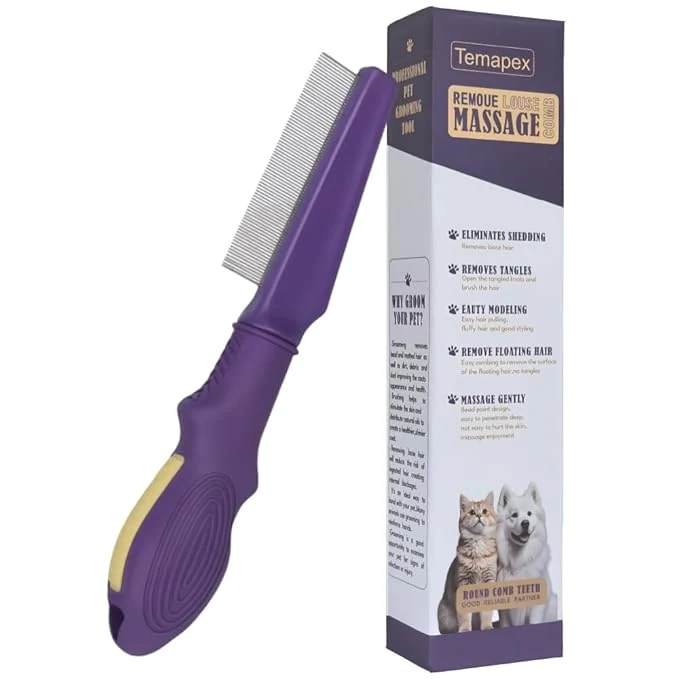 Excellent Pet Flea Comb for Dogs Cats Removes Tangles Flea Tear Stain Removal Stainless Steel Metal Teeth Non-slip Anti-static Rubber Handle Safe Gentle Pet Grooming Comb Trendy