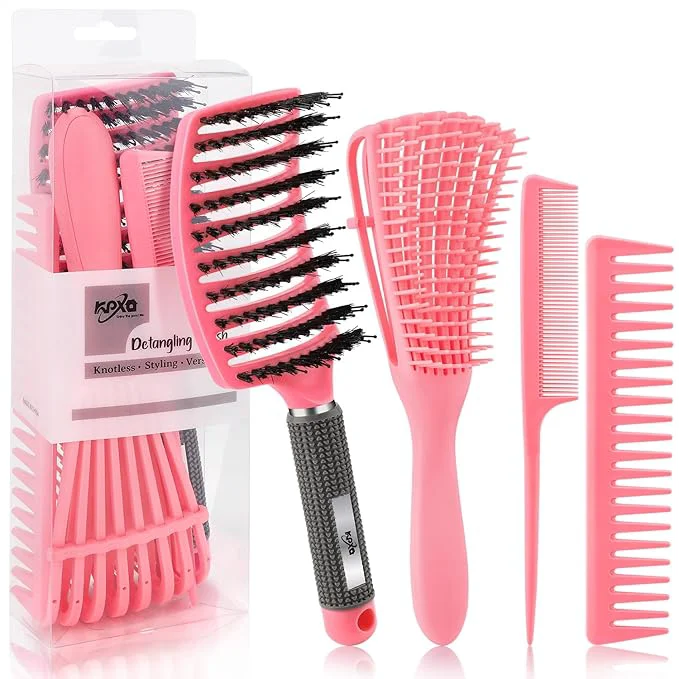 Natural 4pcs Curly Brush Set for Adult Kids Wet or Dry Hair Detangling Brush for 3 4ABC Hair with Wide Tooth Comb 4 Pink Authentic