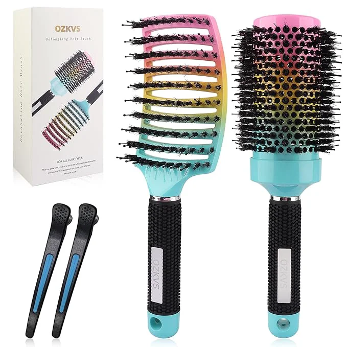 Flexible Round Paddle Brush Set 4 Piece Boar Bristle Brush Set for Fine Thick Hair Blow Drying for Women Men Curl Defining Wet Hair Powerful