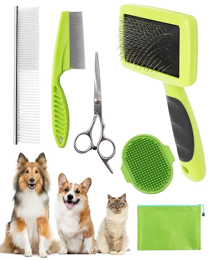Functional Dog Brush for Shedding Grooming 6 Pack Long-Pin Brush Set for Long Haired Dog Cat Goldendoodles Poodles Doodles Green Original Design