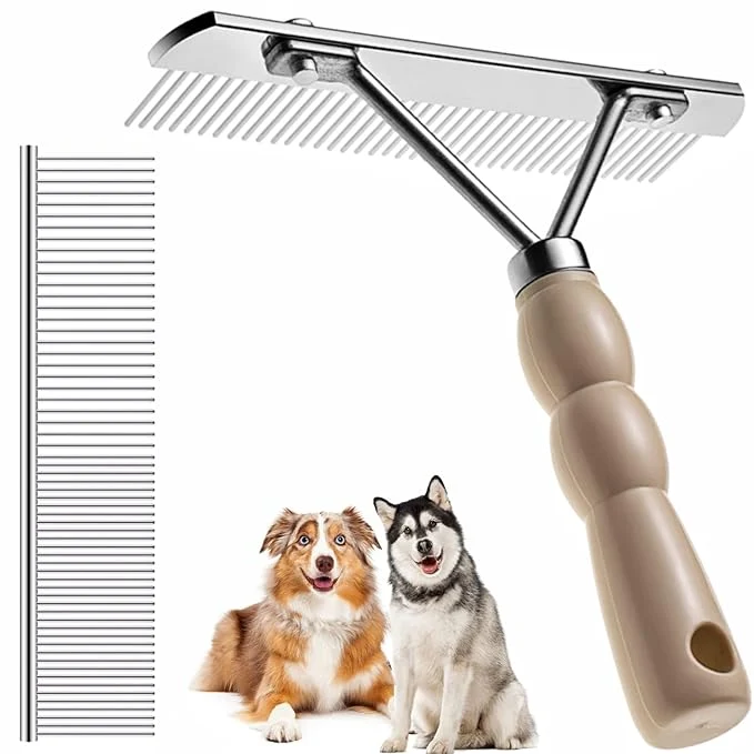 Clean Dog Rake for Undercoat Pet Grooming Set Long-Tooth Metal Brush Stainless Steel Shedding Comb for Big Dogs Long-Haired Cats Horse Minimalist