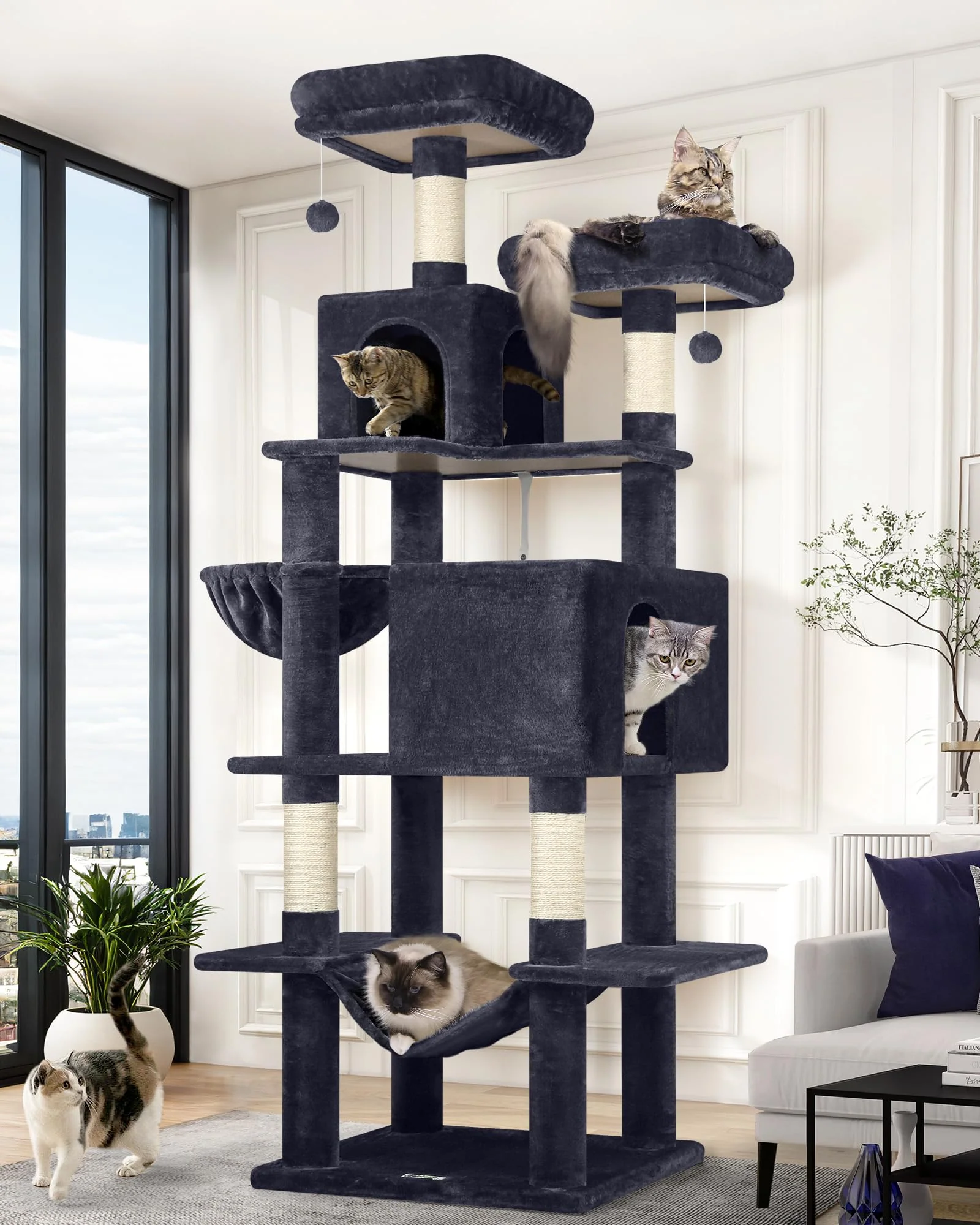 Elegant Globlazer Cat Tree Tower 76-Inch — Multi-Level Cat Furniture with Cozy Condos Hammock Perches Dark Grey Contemporary
