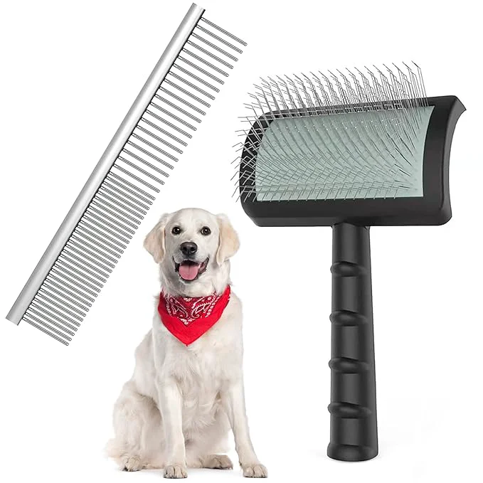 Refined Large Slicker Brush Pet Comb Value Kit Extra Long Pin Dog Grooming Wire Brush and Deshedding Removes Long and loose Hair Undercoat Black-comb Hair Type Curly Unisex Easy-to-Use