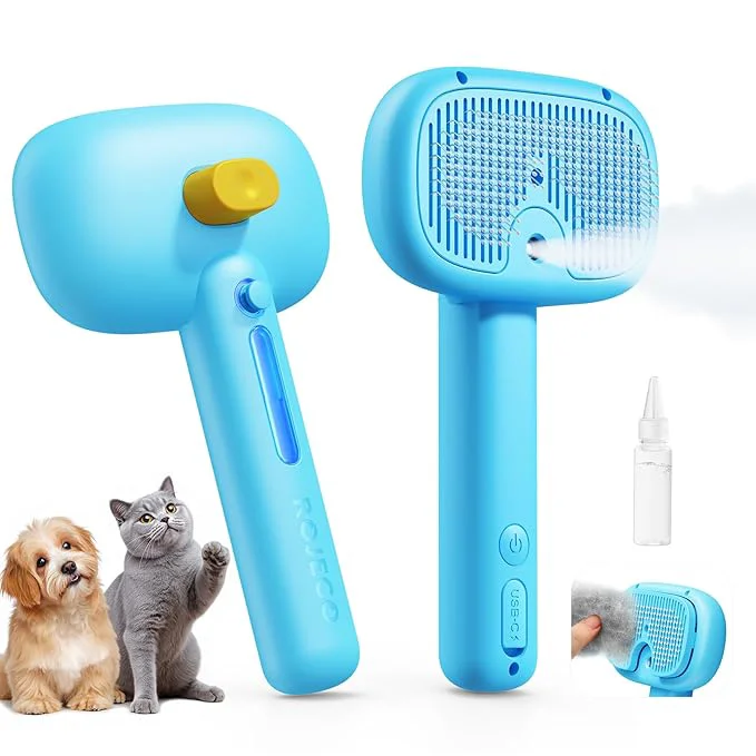 Efficient ROJECO 3-in-1 Pet Steam Brush for Cats Dogs – Detangling Comb with Adjustable Mist Handheld Deshedding Grooming Tool for Long Short Hair Massage Brush Shedding Control Gift Cordless Blue First-Class