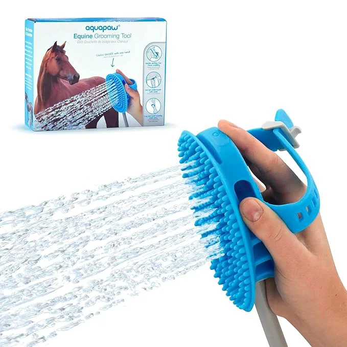 Elite Aquapaw 5-in-1 Horse Dog Bath Brush Curry Comb – XL Blue Silicone – Includes 3-ft Shower Hose Attachment Adapter – Adjustable Spray Scrub Massager – Great for Horses Big Dogs Premium
