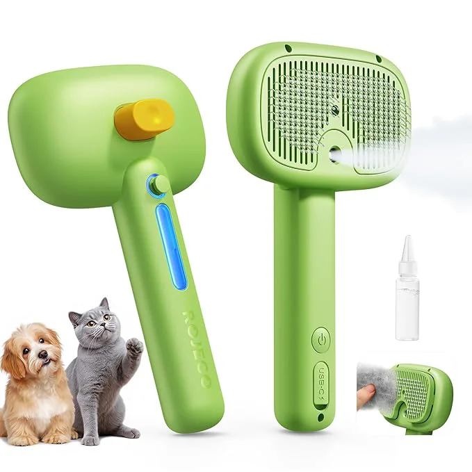 Original Design ROJECO 3-in-1 Pet Steam Brush for Cats Dogs – Detangling Comb with Adjustable Mist Handheld Deshedding Grooming Tool for Long Short Hair Massage Brush Shedding Control Gift Cordless Green Practical