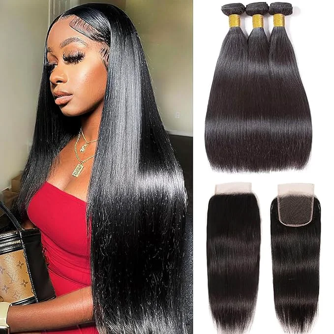 Easy-to-Use Selina Hair Straight 3 Bundles Human Hair 16 18 20 Inch with 4×4 Lace Natural