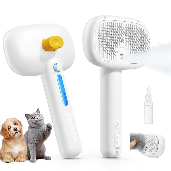 Durable ROJECO 3-in-1 Pet Steam Brush for Cats Dogs-Pet Spray Hair Removal Detangling Comb with Adjustable Mist Handheld Deshedding Grooming Tool for Long Short Hair Massage Brush Shedding Control Cordless Soft