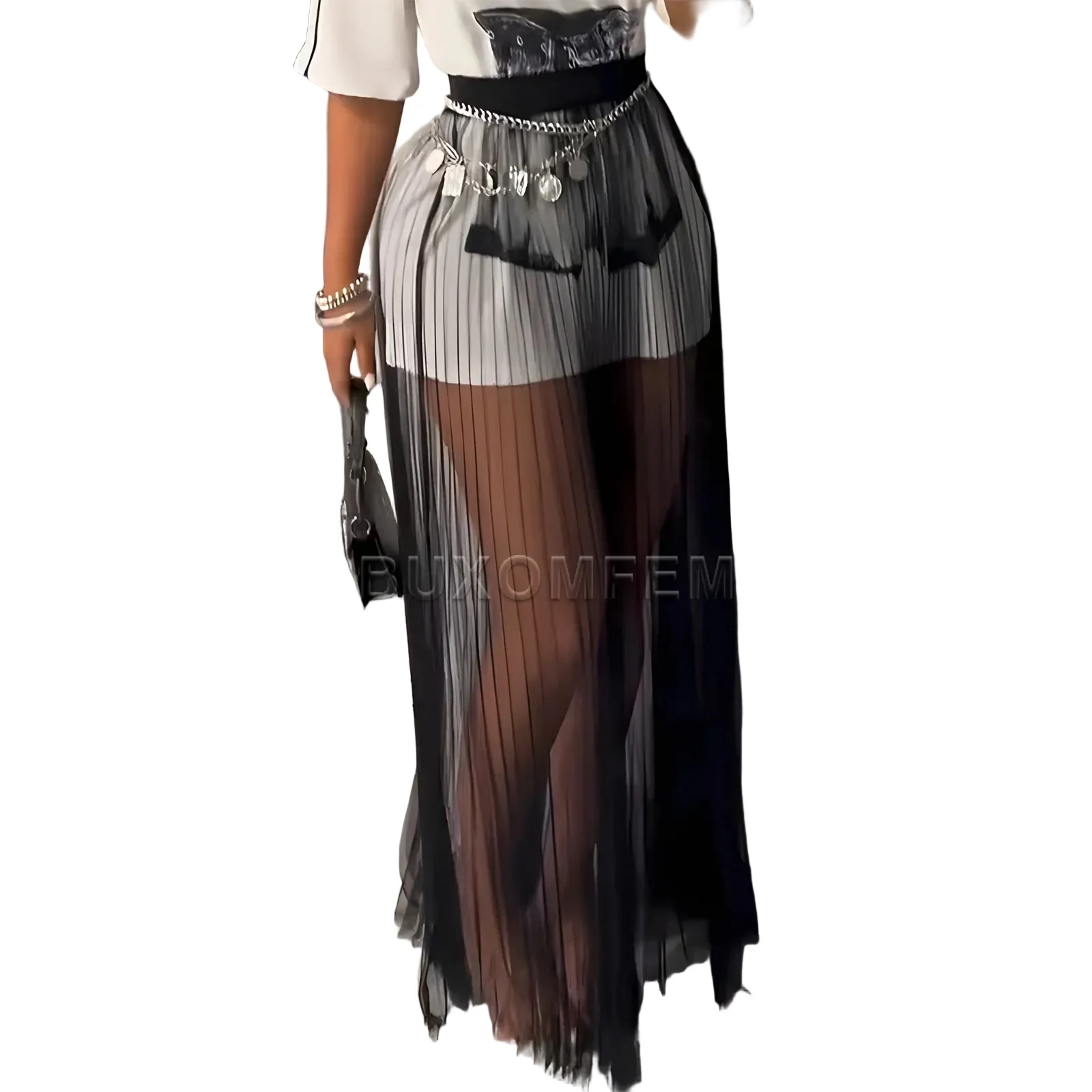 Advanced Women’s Single-Layer Mesh Maxi Skirt Slim Fit Sheer Black Smooth
