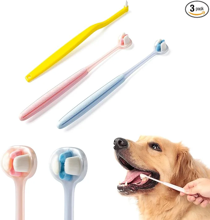 Authentic E.M S.T by Emmeliestella Dog Toothbrush Teeth Cleaning Kit，Three-Sided，Dental Plaque Removal，Oral Hygiene，Freshen Dogs Breath，Reduce Tarta，Extra Soft Bristles Independent Packaging Blue Pink 3PCS Fine Crafted