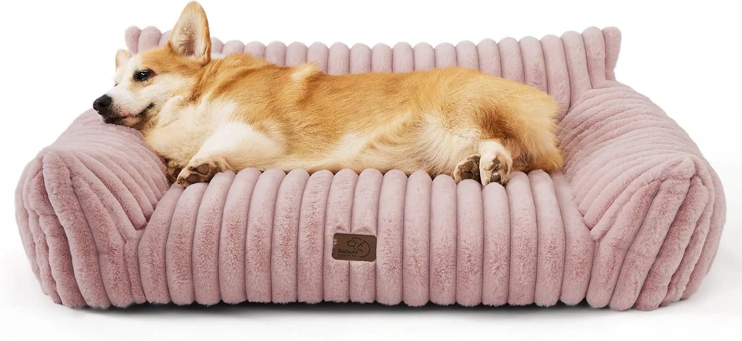 Next-Generation Bedsure Cute Dog Couch for Pets – Fluffy Dog Sofa with Premium Soft Corduroy Fleece Pet Couch Bed with Washable Cover Supportive Pet Sofa Bed for Medium Large Dogs 36inch Blush Pink Exclusive