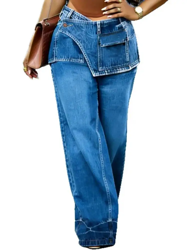 Effective Women’s Wide Leg Jeans High Waist Layered Denim Pants Blue Certified