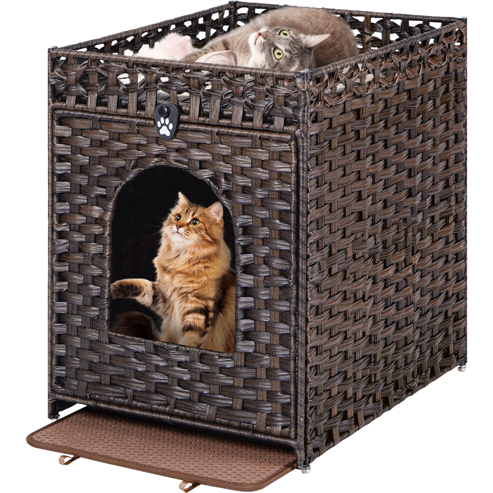 Versatile Snughome Cat Litter Box Enclosure — Handwoven Rattan Furniture with Door Litter Mat Stylish