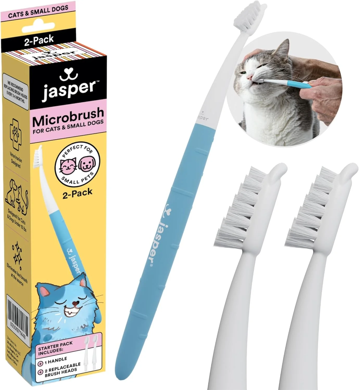 Sustainable Jasper Microbrush Cat Toothbrush Soft-Bristled Toothbrush Kit for Felines Small Dogs Premium Non-Slip Handle with 2 Replaceable Tooth Brush Heads Use with Cat Toothpaste Dependable