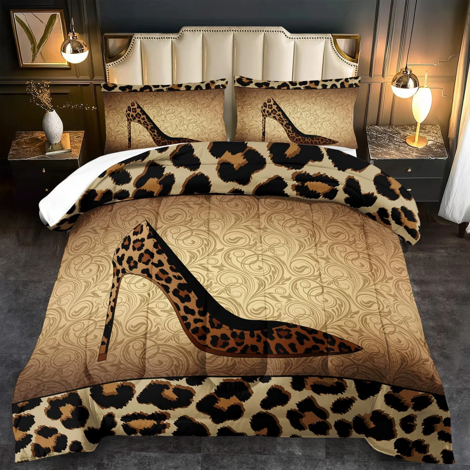 Authentic Leopard Comforter Set Twin Girls Sexy High Heel Comforter for Women Leopard Print Bedding Set Twin Adult High Heel Quilt Bedroom Decor African Animal Print Bedding Quilt Verified