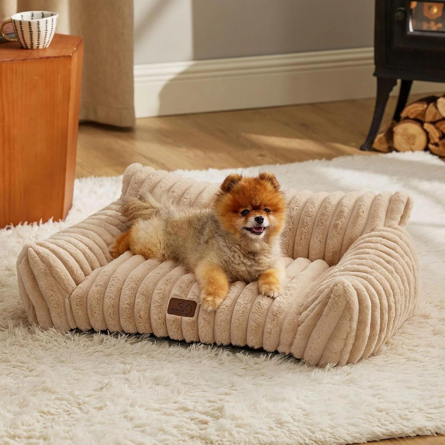 Bedsure Cute Cat Couch for Pets – Fluffy Small Dog Sofa with Premium Soft Corduroy Fleece Pet Sofa with Removable Washable Cover Supportive Dog Couch Bed for Small Medium Dogs 30inch Tuscan Beige Traditional