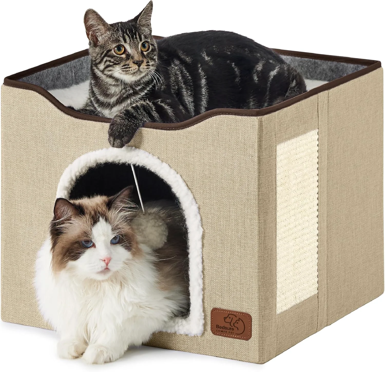 Smooth Bedsure Cat Beds for Indoor Cats – Large Cat Cave for Pet Cat House with Fluffy Ball Hanging and Scratch Pad Foldable Cat Hideaway 16.5×16.5×13 inches Brown Smart