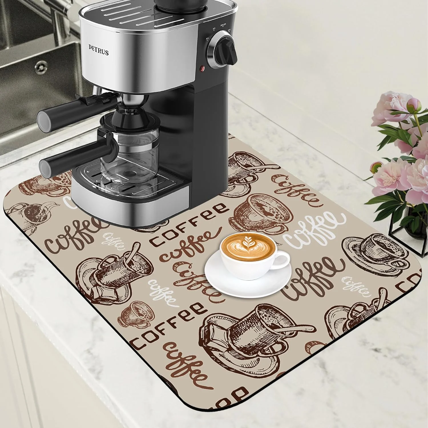 Convenient Coffee Cup Dish Drying Mat Cute Doodle Coffee Bar Mat for Countertop Absorbent Rubber Backed Hide Stain Dish Drainer Rack Pad Espresso Machine Dining Room Decoration 11.8 x 19.7 Inch Exceptional