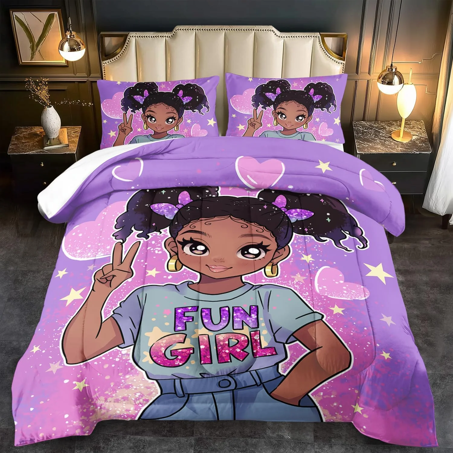 Authentic African American Black Girl Comforter Set Queen Size Cute Black Girl Bedding Set Queen for Kids Kawaii Heart Comforter Purple Bedding Decor for Teen Purple Bed Quilt Practical
