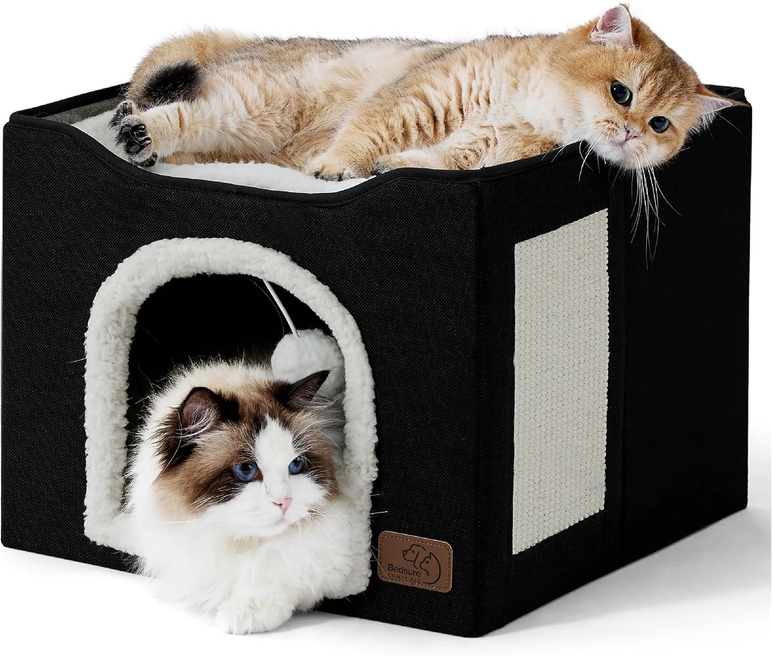 Consistent Bedsure Cat Beds for Indoor Cats – Large Cat Cave for Pet Cat House with Fluffy Ball Hanging and Scratch Pad Foldable Cat Hideaway 16.5×16.5×13 inches Black Organic
