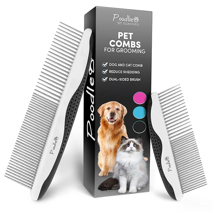 Durable Poodle Pet Dog Combs for Grooming 2 Pack Stainless Steel Teeth Easily Remove Dirt Proper Care Prevents Knots and Mats for Long and Short Haired Pets Anti-Slip Comfort Grip Handle Blue Flexible
