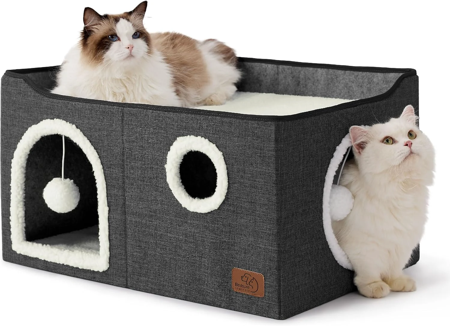 Natural Bedsure Large Cat Beds for Indoor Cats – Extra Wide Cat Cube House for Small Pet with Fluffy Ball Hanging and Scratch Pad Foldable Pet Cave Hideaway for Multiple Cats 23.6×16.9×13 inches Dark Grey Exceptional