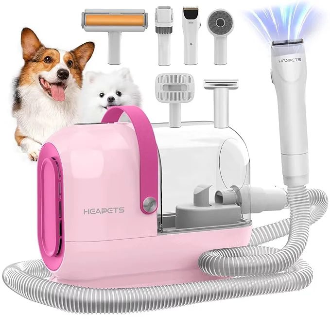 Advanced Dog Grooming Vacuum Kit – 3L Vacuum with 7 Tools Low Noise Electric Clipper and Brush for Pet Shedding at Home Pink Modern