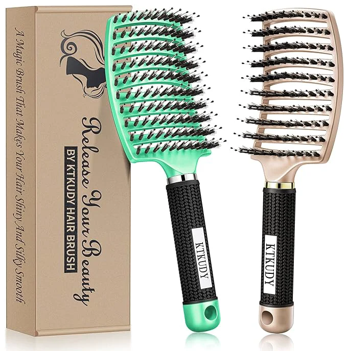 Minimalist KTKUDY Detangling Brush Getting Knots Out without Pain – Boar Bristles HairBrush Make Hair Shiny Healthier Vented Detangler Brush for Women Men Kids Wet and Dry Hair Gold Green Functional