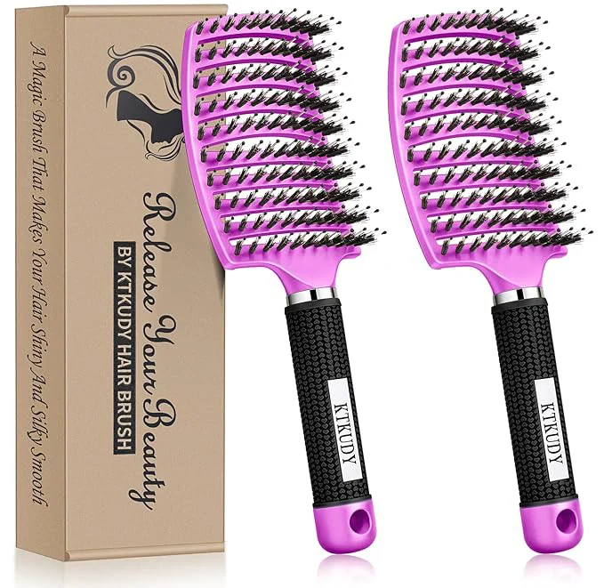 High-End Detangling Brush Boar Bristle Hairbrush for Adult Kids Wet or Dry Hair – KTKUDY Detangler Hair brush Getting Knots Out without Pain – Adds Shine and Makes Hair Healthier Set of 2 Organic
