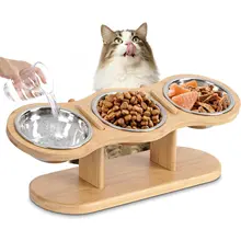 Environmentally Friendly d Wood Cat Feeder with 3 Stainless Steel Bowls Effective
