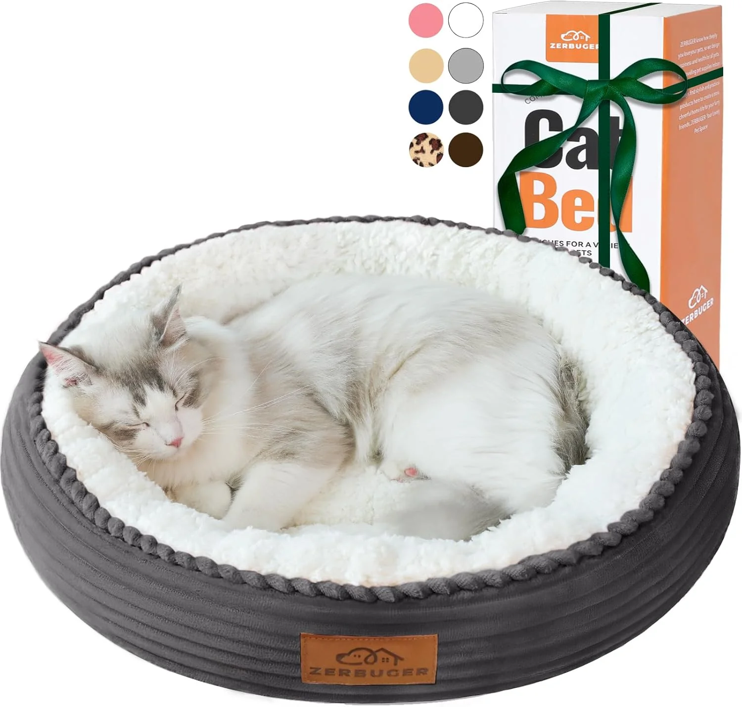 Genuine 20in Washable Cat Beds for Indoor Cats – Round Donut Pet Bed for Cats Small Dogs Puppy Kitten – Anti-Slip Bottom Calming Bed Gift – Dark Grey Solid