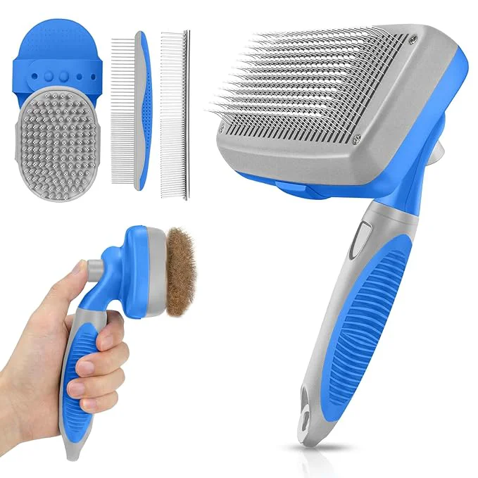 Secure Self Cleaning Shedding Brush – 5-in-1 Professional Pet Grooming Kit Skin Friendly Grooming Tool for Dogs Cats and Puppies Deshedding and Hair Removal for Long and Short Haired Pets（Blue-Grey） Innovative