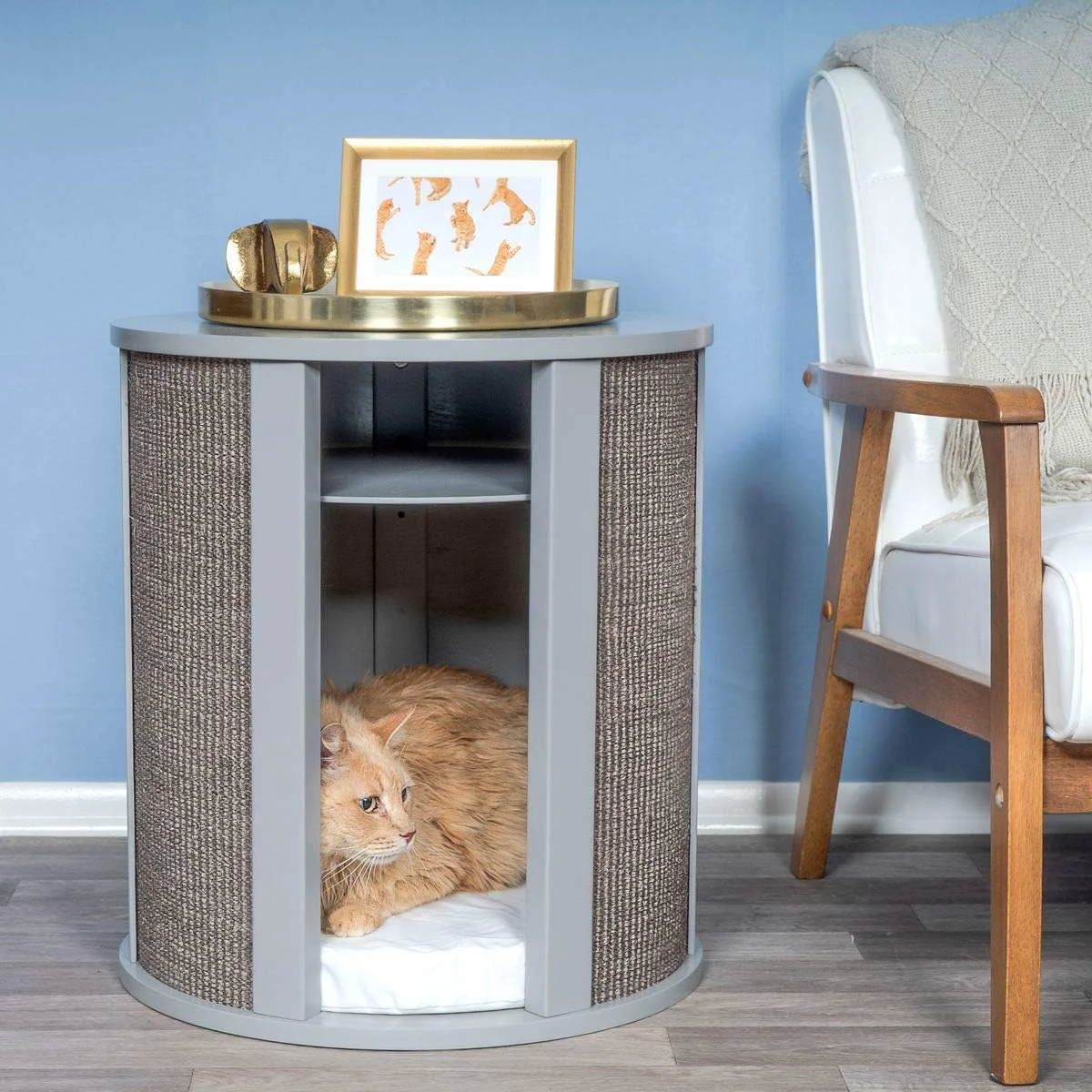 Eco-Friendly THE REFINED FELINE Purrrrfect End Table Cat Bed Cave in Smoke Gray Multipurpose Wood Cat Furniture Nightstand Easy to Clean Covered Cat Bed with Replaceable Scratching Post Washable Cushion Safe