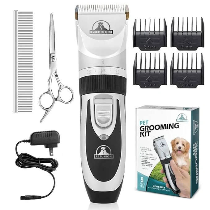 Responsible Pet Union Professional Dog Grooming Kit Rechargeable Cordless Low Noise Dog Clippers for Grooming Thick Coats – Clippers Nail Trimmer Complete Grooming Set for Dogs Cats and Other Pets Chrome Fine Crafted