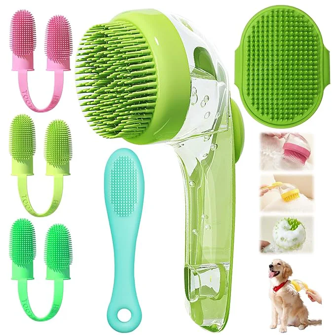 Refined 6Pcs Dog Bath Brush Set with Soap Dispenser – Cat Brush Dog Toothbrush Kit Silicone Pet Bathing Supplies for Washing Shower Shedding Includes Finger Toothbrush Scrubber for Small BreedAbout This High-Quality