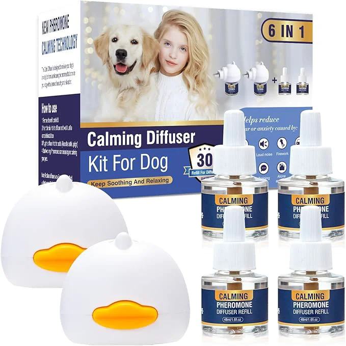 Superior Dog Calming Pheromones Diffuser 6 in 1 Kit Appeasing Pheromone Diffuser to Calm 2 Plug in 4 x48ml Refill for Anxiety Relief Reduce Aggression Fighting Barking Stress 120 Day SupplyAbout This First-Class