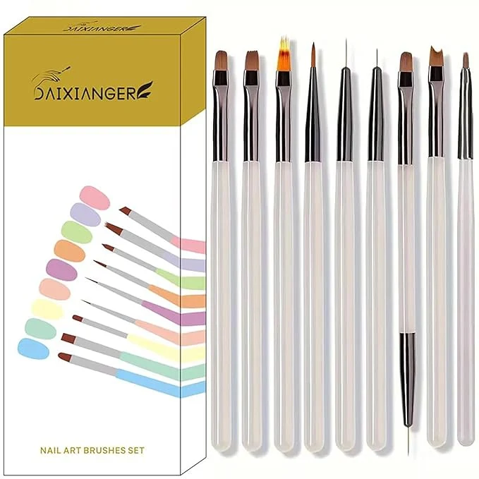 Fine 9Pcs Multi-Functional Nail Art Brush Set Professional Brushes for Gel Polish French Tip Ombre Liner Clean Up Manicure Tools for DIY Salon Nail Design Tools-Grey Convenient