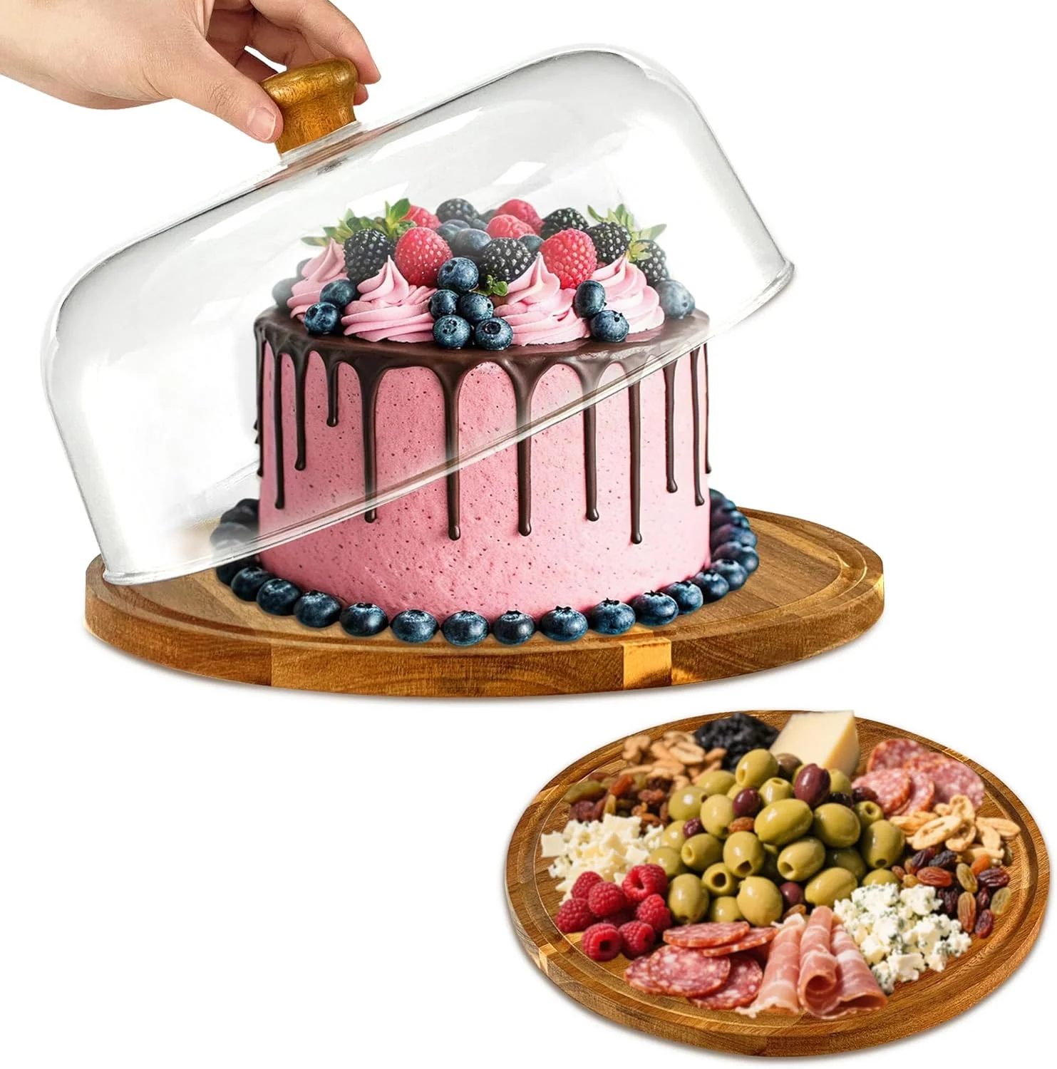 Top-Quality Wood-Cake-Stand With Acrylic Dome Lid Round Wooden Cake Holder Plate With Cover 2-in-1 Dessert Table Display Set For Party Charcuterie Board For Cheese Chips Dips Nachos Fruit Platter Pure