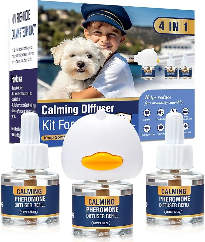 Eco-Friendly Calming Diffuser Dog Pheromone 4 in 1 Appeasing Pet Pheromones Diffuser to Calm Kit Plug in 3 Pack 48ml Refill for Anxiety Relief Reduce Barking Aggression Fighting Stress 90 Day SupplyAbout This Long-Lasting