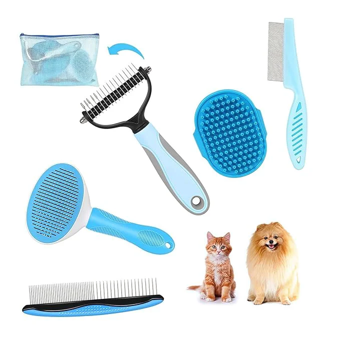 Eco-Friendly 5-in-1 Grooming Kit – Supplies for Short and Long Hair Dogs Bath Brush Dematting Rake and Comb Set of 5 Blue Dependable