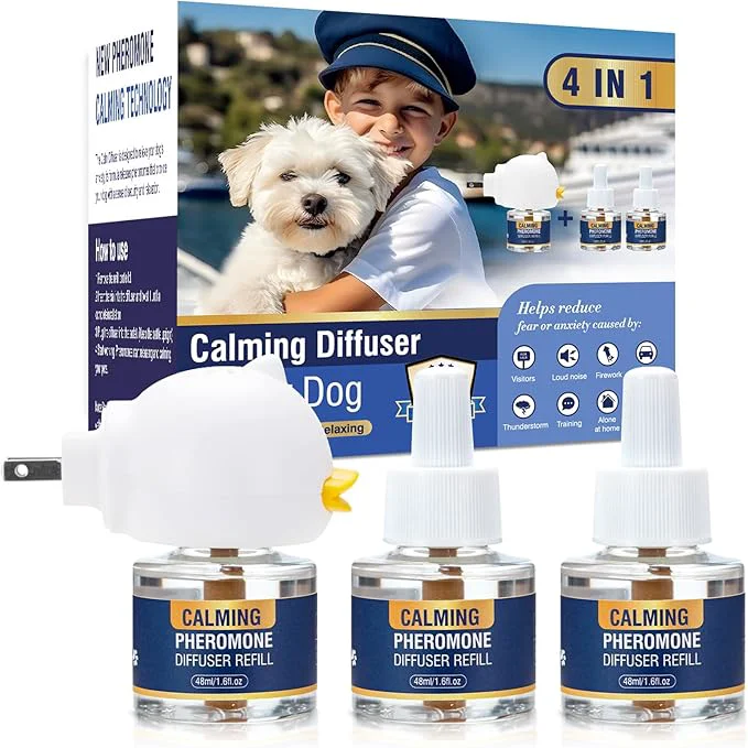 Superior Dog Pheromone Calming Diffuser 4 In 1 Appeasing Pet Pheromones Diffuser to Calm Kit Plug in 3 Pack 48ml Refill for Anxiety Relief Reduce Barking Aggression Fighting Stress 90 Day Supply Tasteless About This Sophisticated