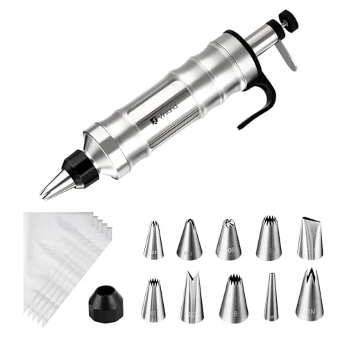 Recyclable Dessert Decorating Syringe Set Icing Piping Kit Frosting Piping Kit Stainless Steels Cake Decorating Kit with 10 food grade stainless steel piping tips 50 Disposable Piping Bags Black 63 Count Consistent