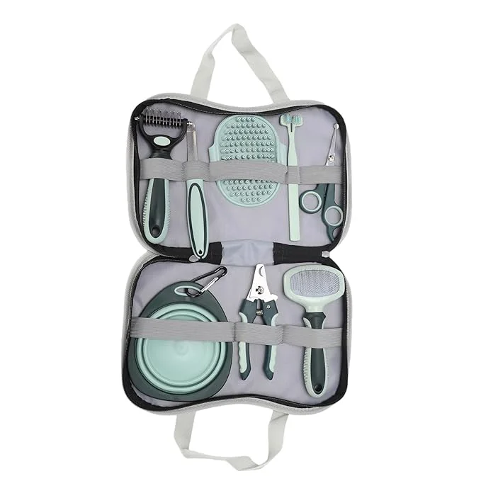 High-Quality 8 Pcs Dog Cat Grooming Kit Professional Deshedding Bath Brush with Rake Nail Clippers Comb Toothbrush Portable Storage Bag for Daily Pet Care and Shedding Control Contemporary